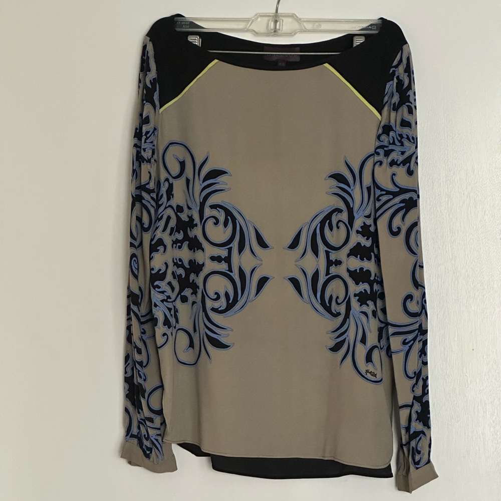 Hale Bob Tan and Blue Long Sleeve Blouse